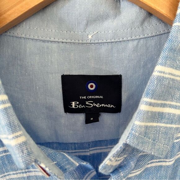 Ben Sherman Blue White Linen Blend Long Sleeve Button Down Shirt - Picture 10 of 13